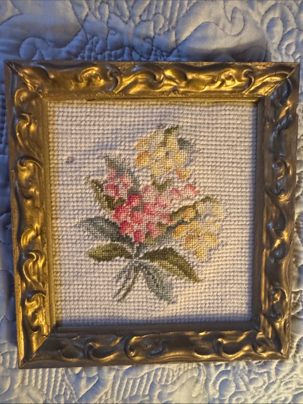 Framed Floral Cross Stitch Wall Art - Pink & Yellow Bouquet